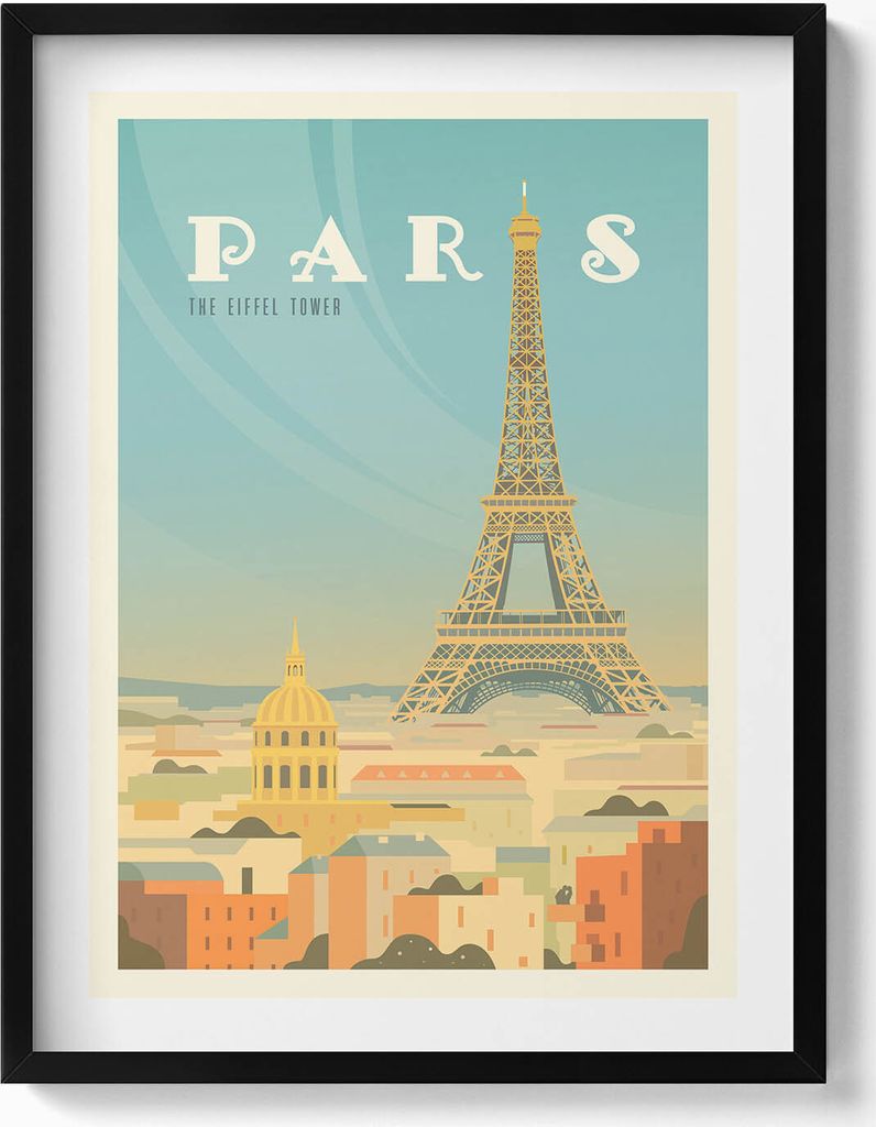 Illustration von Paris und dem Eiffelturm– Wandbild mit Rahmen – Gerahmtes Bild – Wanddekoration – 60x80 cm – Schwarz Rahmen