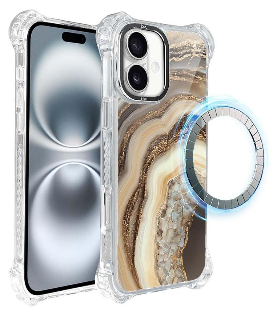 Schutzhülle für das iPhone 16, MagSafe-kompatibel, verstärkte Ecken, transparente Seiten, Zierstein, Achat