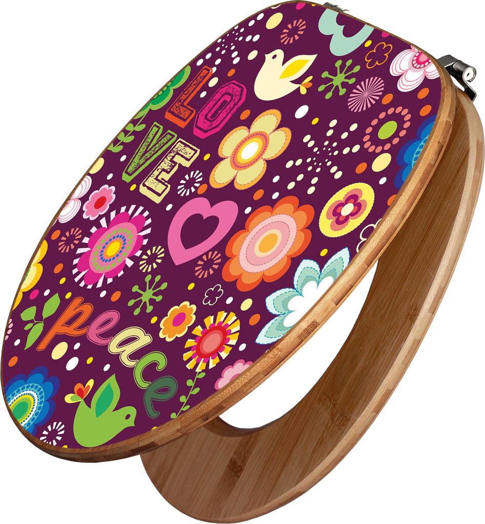 banjado Design WC Sitz Bambus 44x38x5cm - Love and Peace - Toilettendeckel/Toilettensitz Bambus - hochwertiger Bambus Klodeckel/WC-Sitz mit Univers...