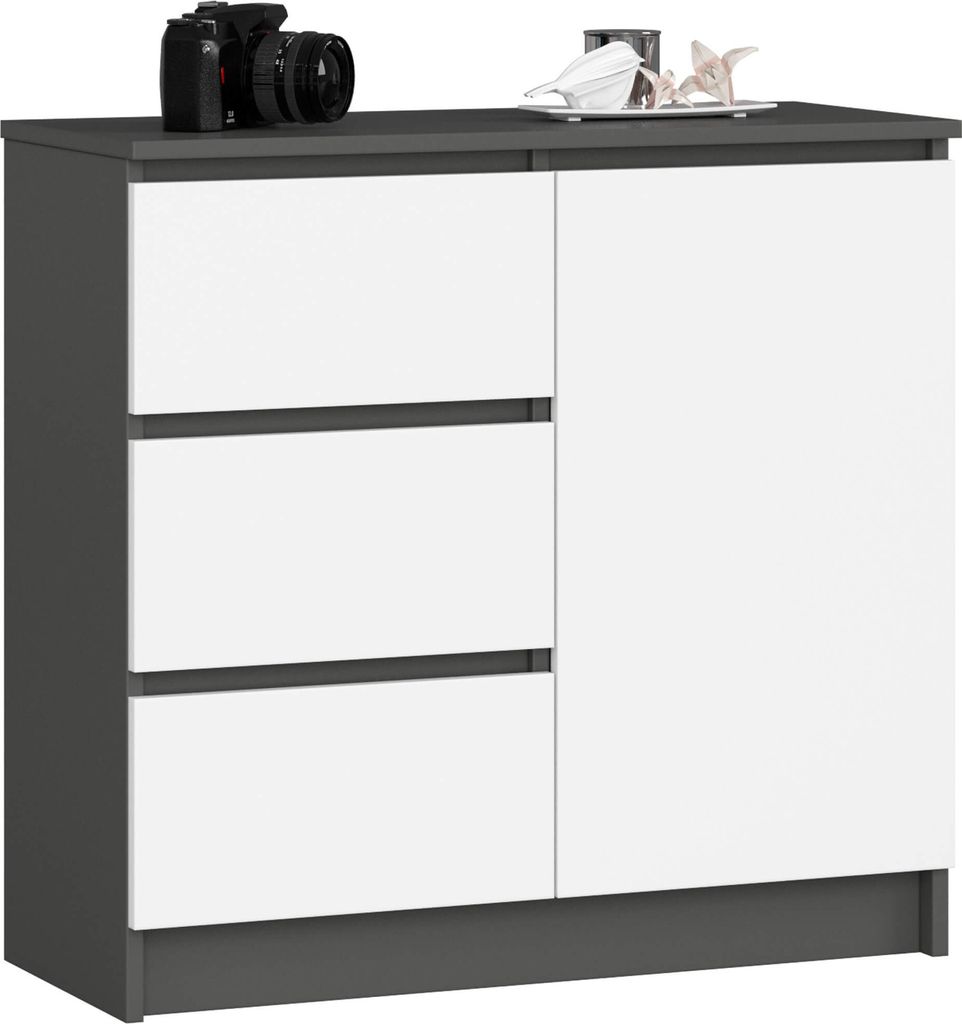 Kommode AKORD JERRY Graphitgrau 80 cm Tür 3 Schubladen 2 Ebenen Front Weiß B80 x H77 x T35 cm