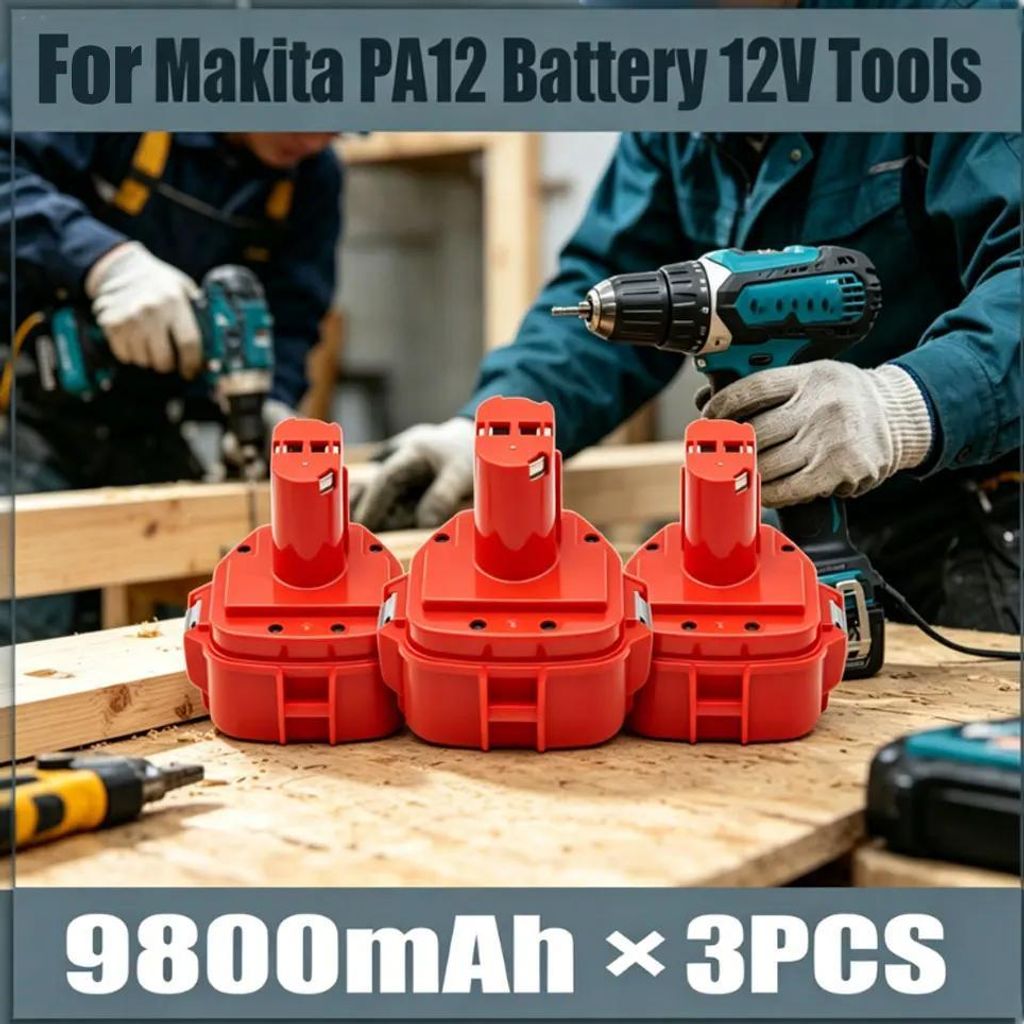 Akkupack für Makita - PA12 Ni-MH - 12 V 9,8 Ah 9800 mAh - Ersatzakku für Elektrowerkzeug - passend 1200 1220 1201 1222 B1235 192681-5 - 3er Set