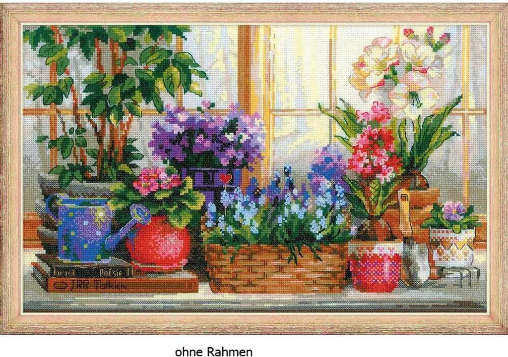 Broderie point de croix compté Fleurs au bord de la fenêtre par Riolis