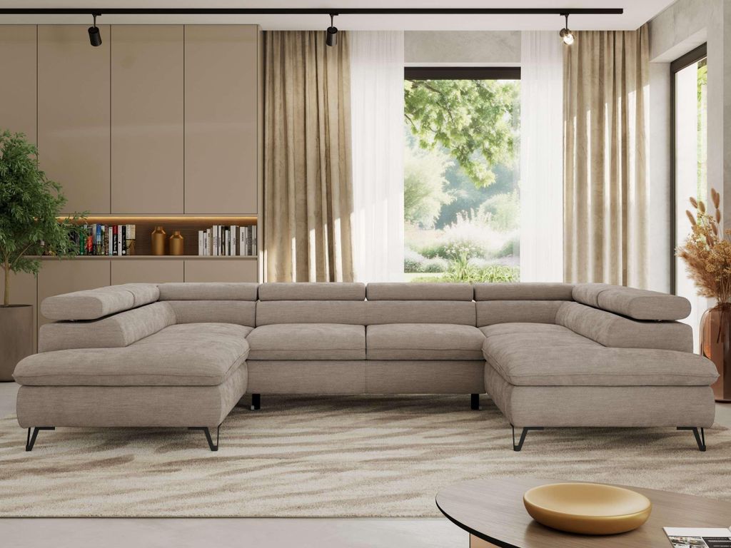 Ecksofa mit Schlaffunktion, Bettkasten, U-form, einstellbare Kopfstützen, Wohnzimmersofa mit Topper T25 - PABLO U - Schenille glatt - Hellgrau