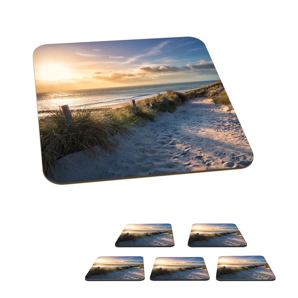 KitchenYeah Glasuntersetzer Quadratisch 6er Set Sonnenuntergang - Strand - Düne - Gras - Bank 10x10 cm Untersetzer für Gläser - Getränkeunter...