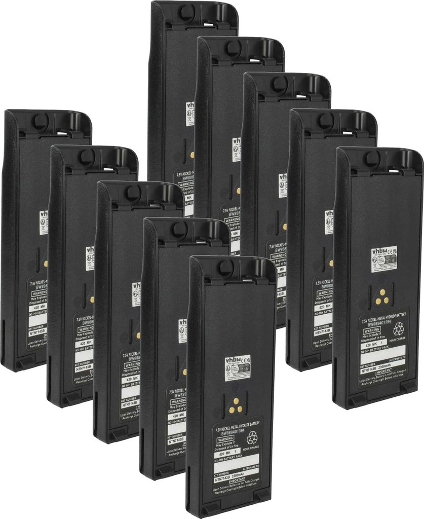 vhbw 10x Akku kompatibel mit Motorola MT2000, JT1000, MTS2000, HT6000, MTS2010, MT2100 Funkgerät, Walkie Talkie (2300 mAh, 7,5 V, NiMH) + Gürtelclip