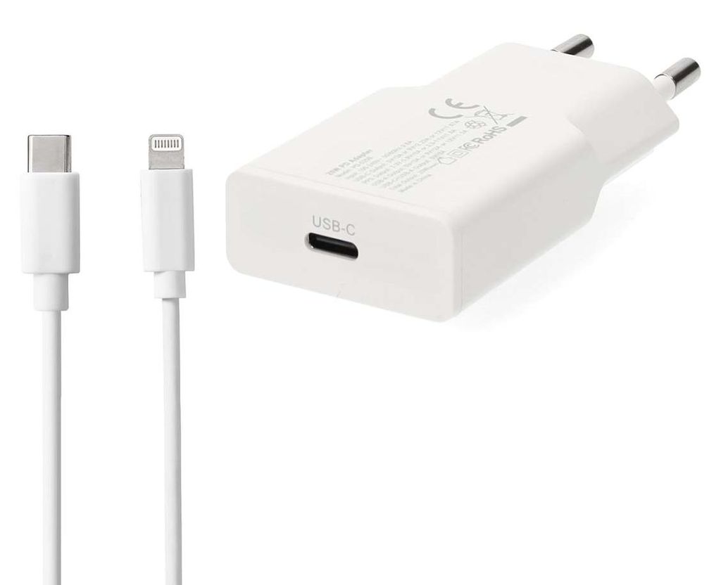 Nedis Netzladegerät - 20 W - GaN - PD3.0 - 1.67 A / 2.22 A / 3.0 A - Anzahl der Ausgänge: 1 - USB-C - Lightning 8-Pin (Lose) Kabel - 1.00 m - Aut...