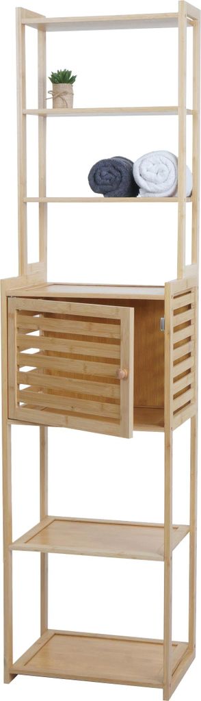 Bambus Regal HWC-O74, Badschrank Badezimmerschrank, Türe Staufächer 165x42x30cm