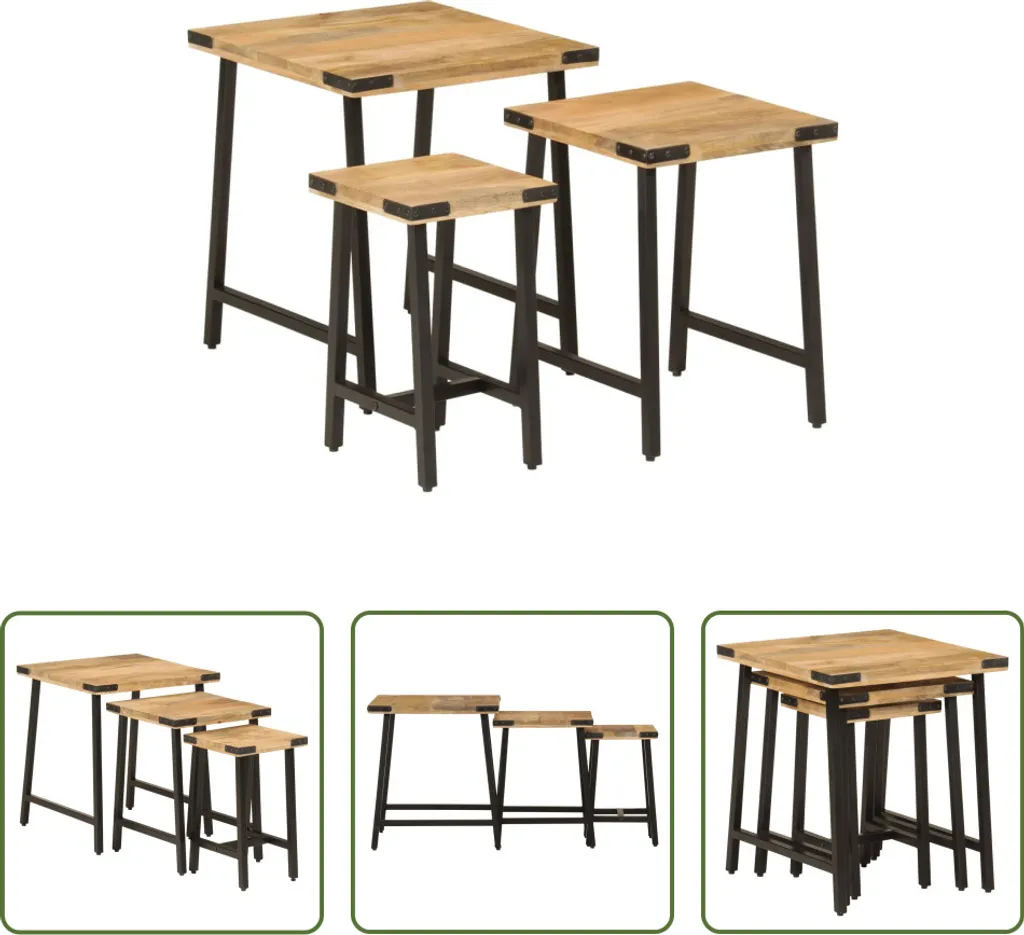 Set 3 Tavoli Incastro Legno Mango e Ferro - Design Industriale Unico