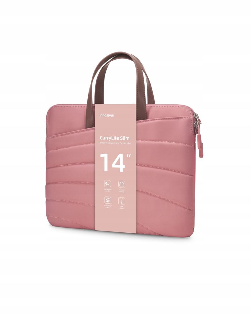 A pink laptop bag with brown handles is displayed against a white background.