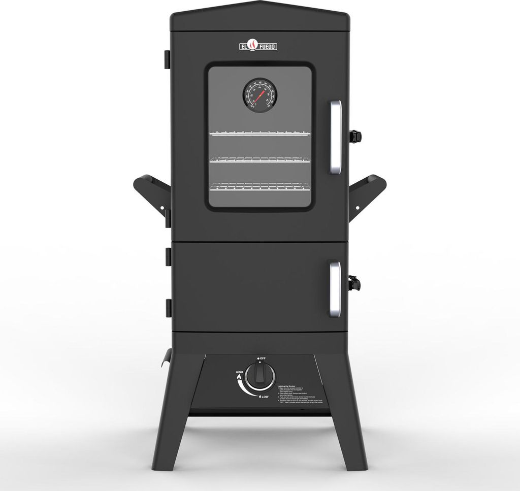 A black gas grill smoker is shown against a white background.