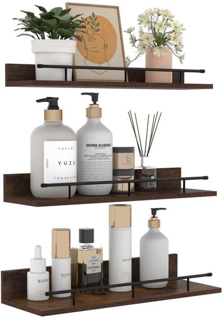 Unyqoos Wandregal Set aus braunem Holz mit schwarzen Metallstützen, 3 Größen für Wohnzimmer, Küche, Schlafzimmer