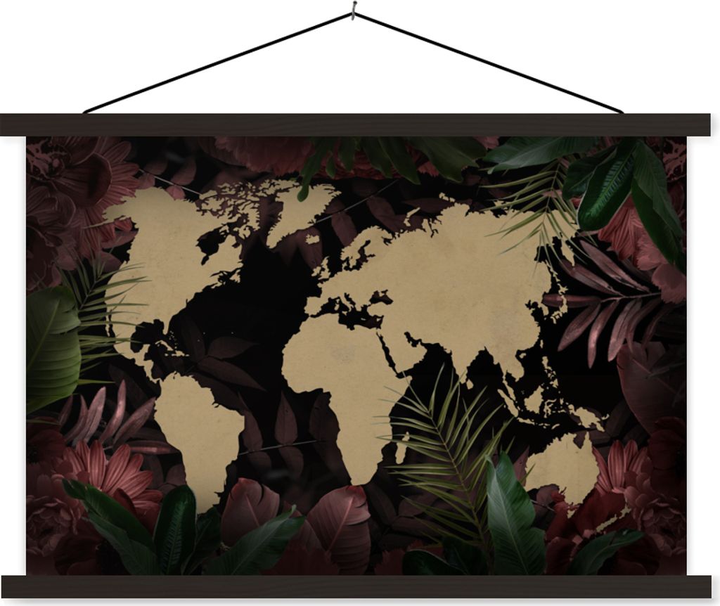 MuchoWow Textilposter Weltkarte - Tropische Pflanzen - Braun 150x100 cm mit schwarzem Rahmen - Schlafzimmer