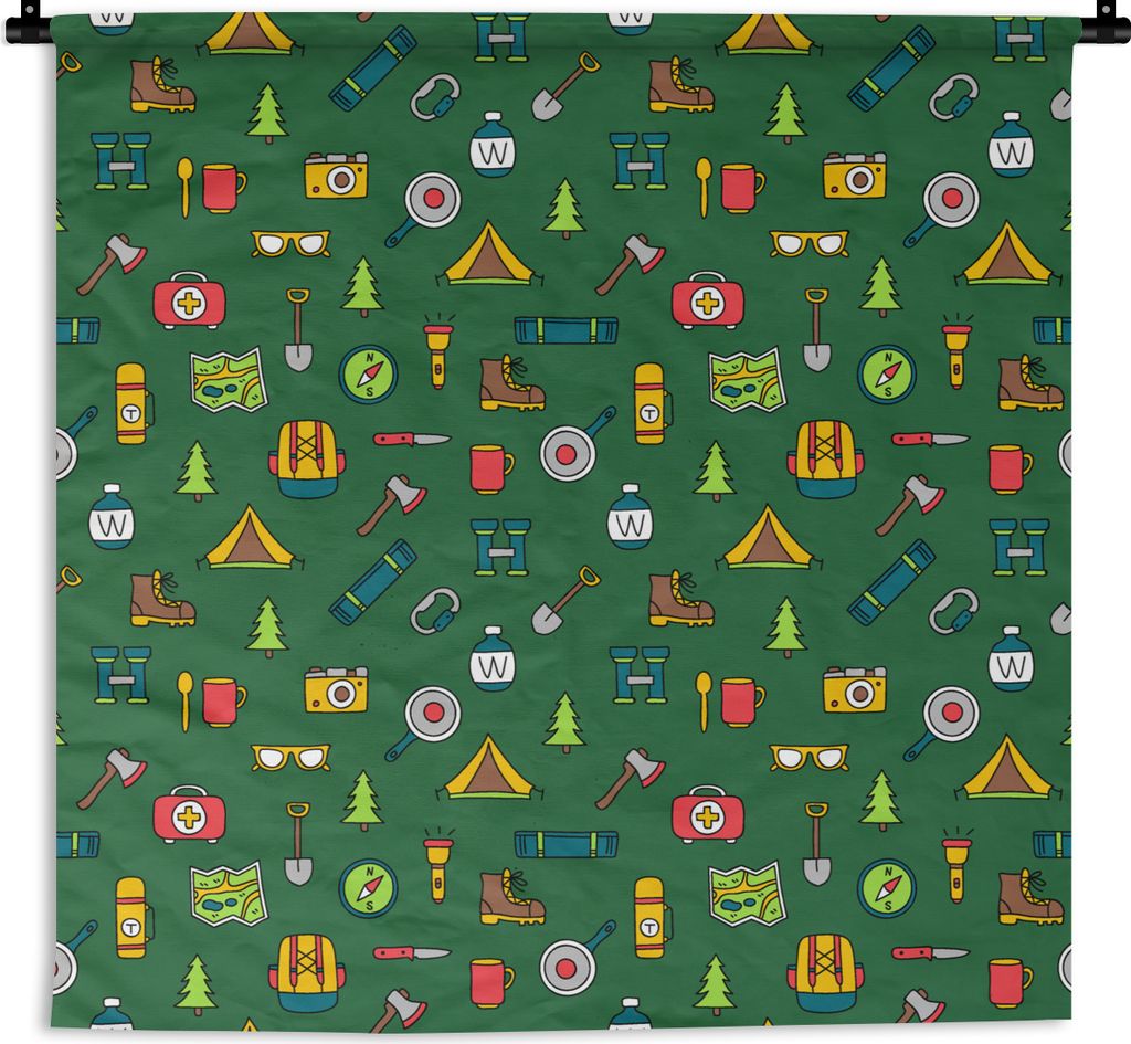 MuchoWow Wandteppich Wandbehang Camping - Zelt - Axt - Rucksack 150x150 cm Tapisserie Dekoration Wandtuch - Wohnaccessoires - Modernes