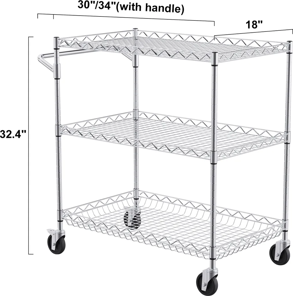 Carrello da cucina SucceBuy, 3 livelli, carrello in filo metallico con capacità di carico di 290 kg, carrello di servizio in acciaio su ruote, carrello di stoccaggio in metallo con cesto profondo 80 mm, manico curvo - 8