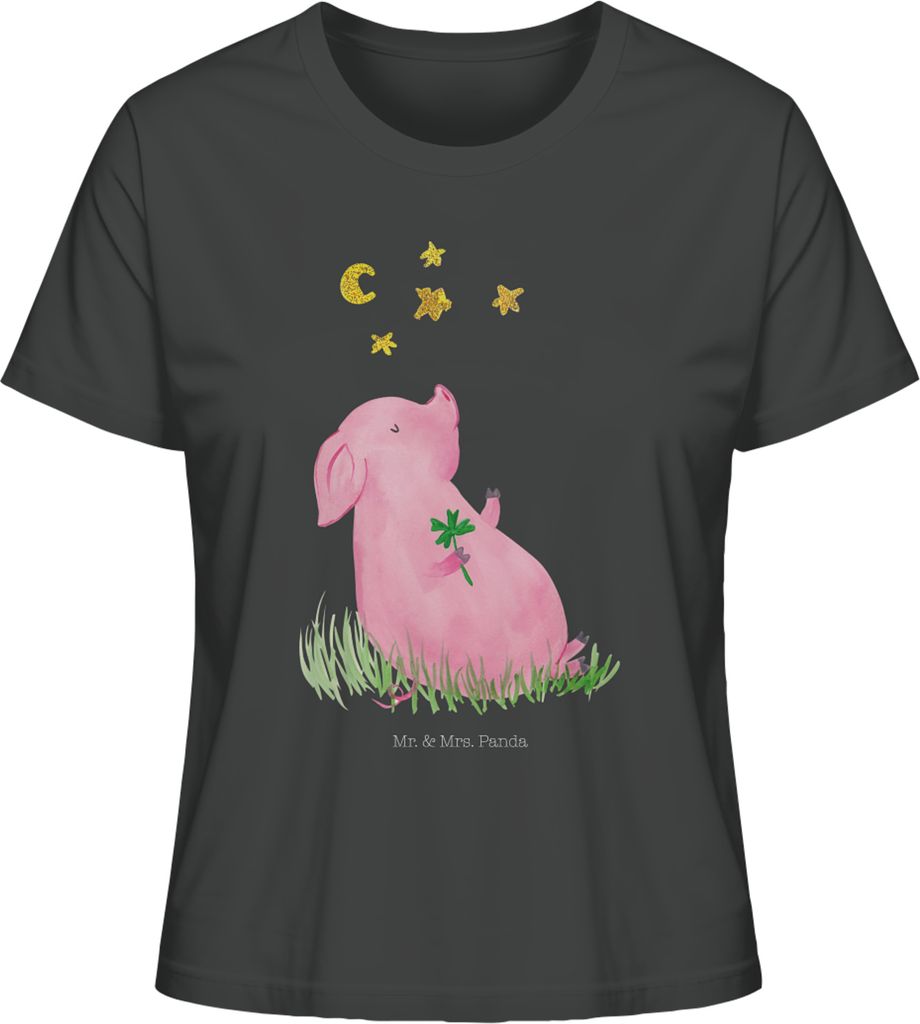 Mr. & Mrs. Panda Damen T-Shirt Schwein Glück Größe L - Anthrazit - Geschenk, Oberteil, Lustige Sprüche, Schweinchen, Kurzarmshirt, Motivation, ...