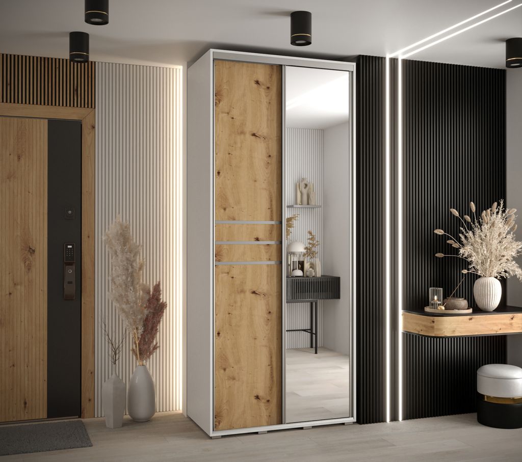 Kleiderschrank YVONA 11 - 110/45 cm, weiß / Eiche handwerklich / silber