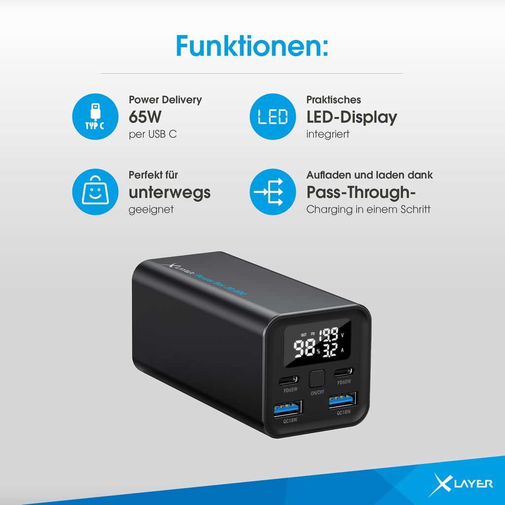 A product image showcasing a power bank with feature callouts.