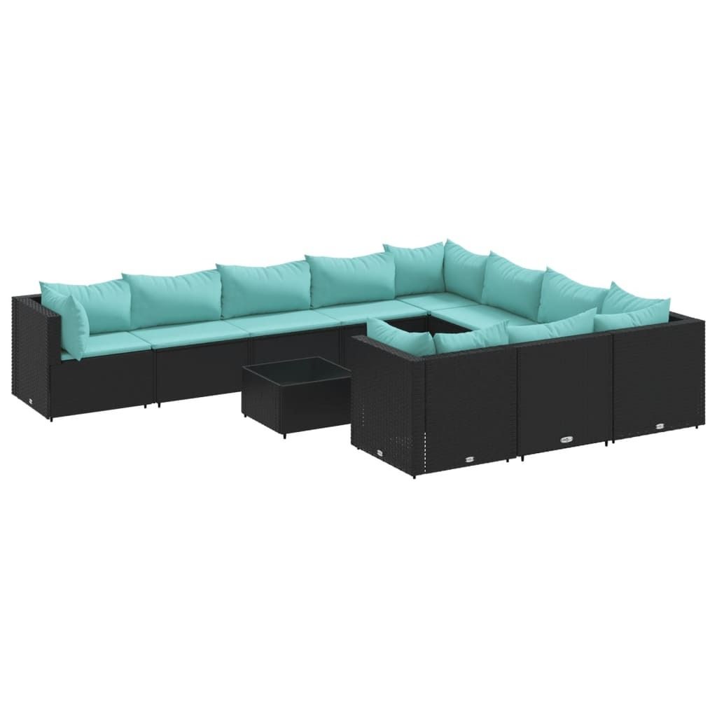 11-tlg. Garten-Sofagarnitur mit Kissen Schwarz Poly Rattan