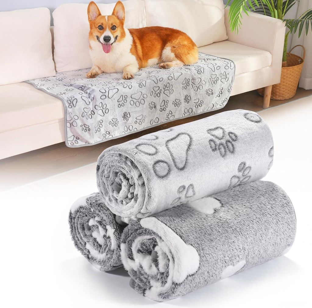 Set aus 3 waschbaren Fleecedecken - Ideale Hundedecken für Sofas und Betten - Haustierdecke für kleine Hunde und Katzen - Puppydecke - Grau