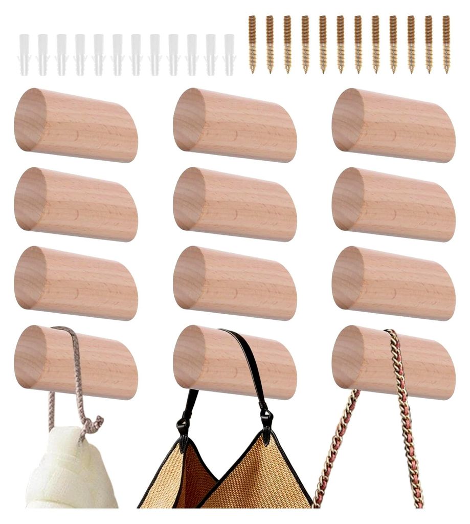 12 Stück Garderobenhaken Holz, 6 cm Wandhaken Holz, Minimalistische Holzhaken, Dekorative Kleiderhaken Wand, Handtuchhalter mit Schraube, Haken f...