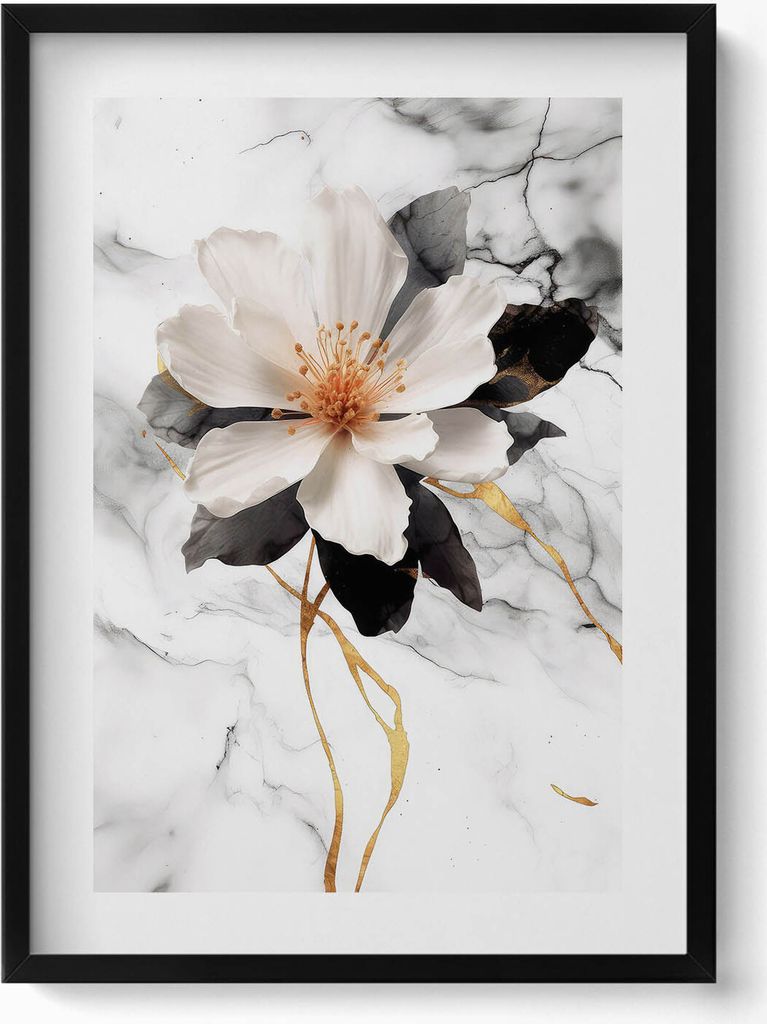 Marmorkomposition mit Blumen– Wandbild mit Rahmen – Gerahmtes Bild – Wanddekoration – 50x70 cm – Schwarz Rahmen