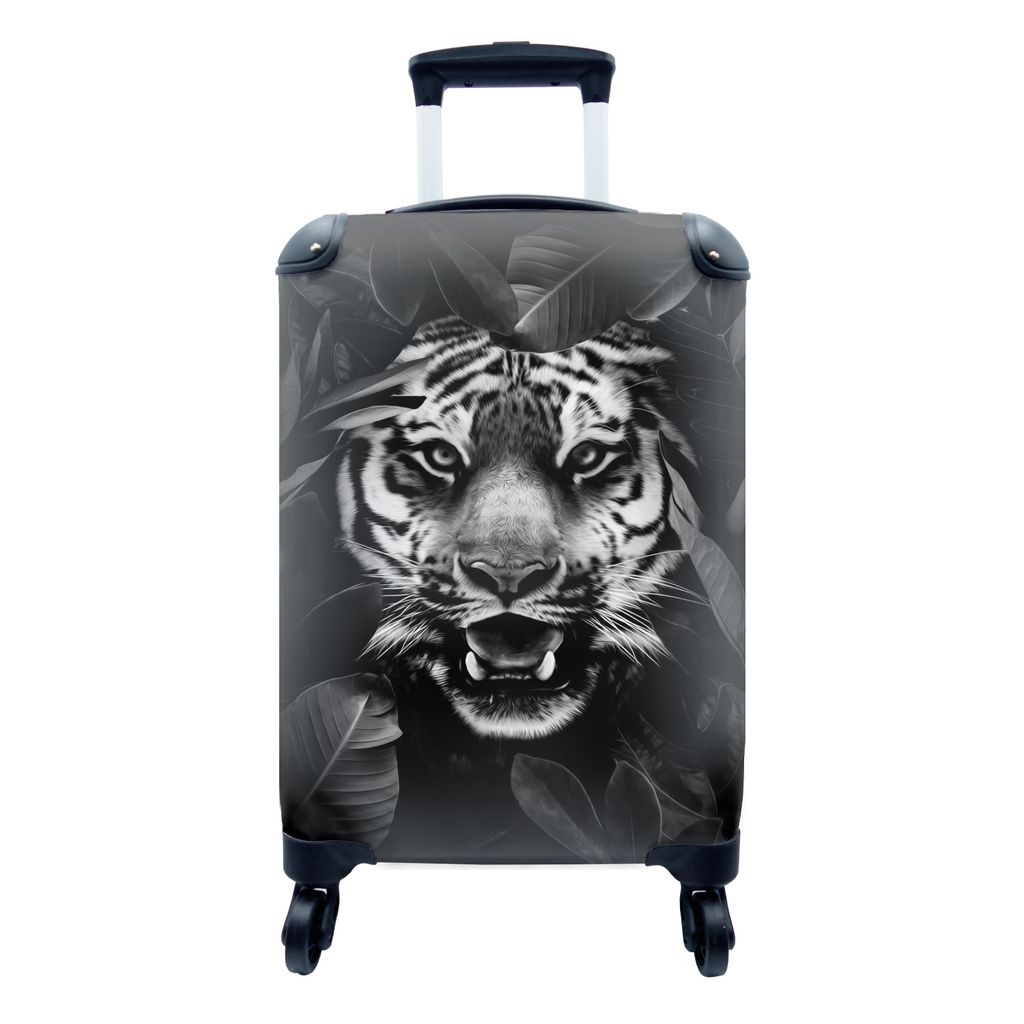 MuchoWow Koffer Handgepäck Trolley Rollkoffer Kleine Reisekoffer mit 4 Rollen - Tiger mit offenem Maul zwischen Blättern - schwarz und weiß - ...