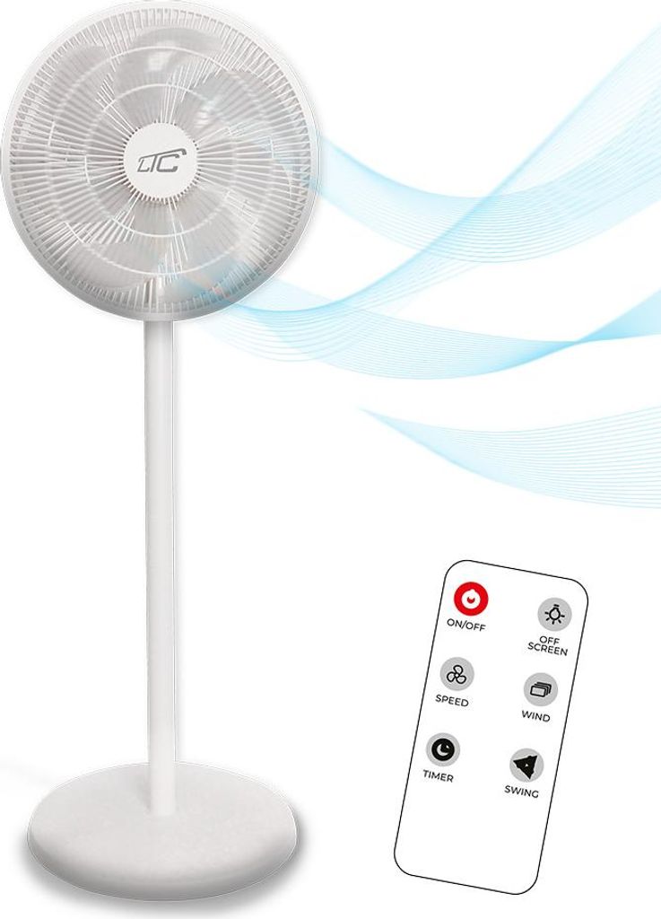 A white oscillating stand fan with a remote control, against a white background with abstract blue lines representing airflow.