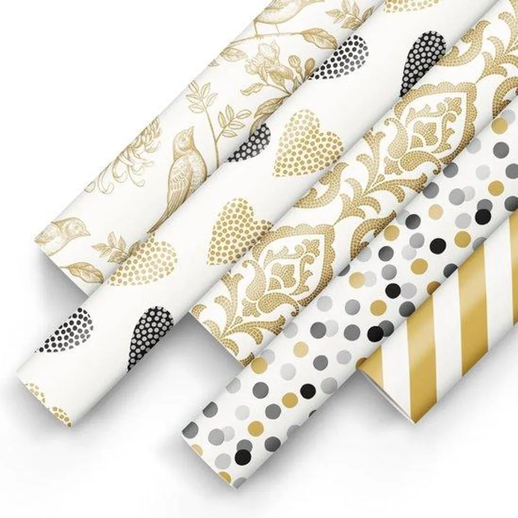 Papier cadeau élégant 5 rouleaux | Design noir et or pour emballage