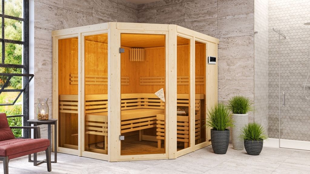 Karibu Sauna Innensauna Ainur 3 Eckeinstieg Ofen 9 KW externe Strg easy 231x196x198 cm ohne Dachkranz