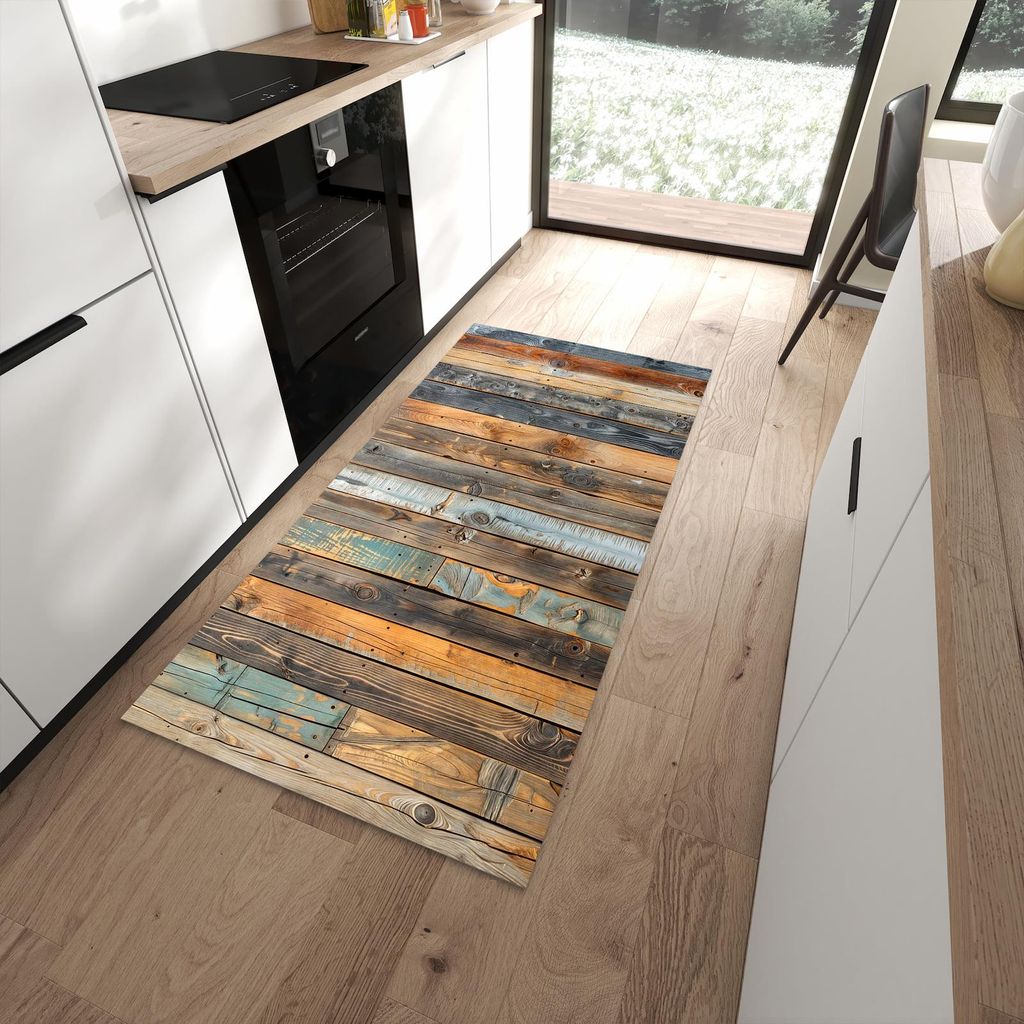 Küchenteppich 90x180cm rutschfest & abwischbar PVC Läufer - Holzwandpaneele