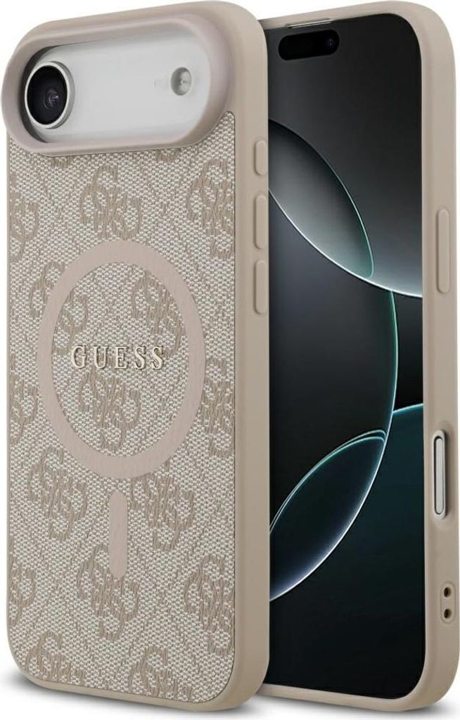 Handyhülle Case iPhone 17 Air Guess MagSafe Kunstleder rosa Logo goldfarben