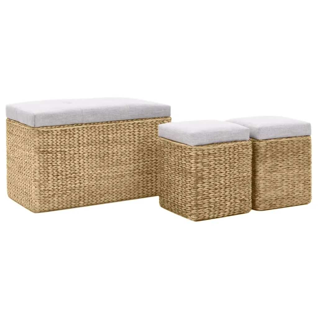 Banc design gris en jonc de mer tressé avec 2 ottomans d'appoint chic - 3