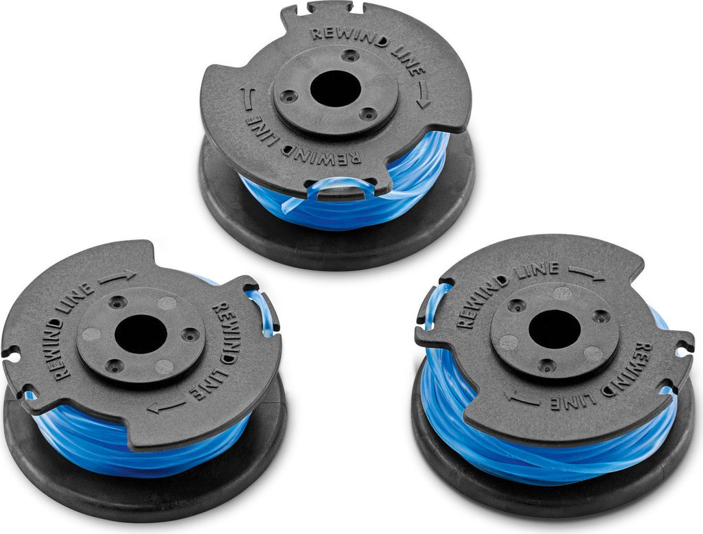 Three spools of blue trimmer line with black bases and grey tops, arranged in a triangular formation on a white background.