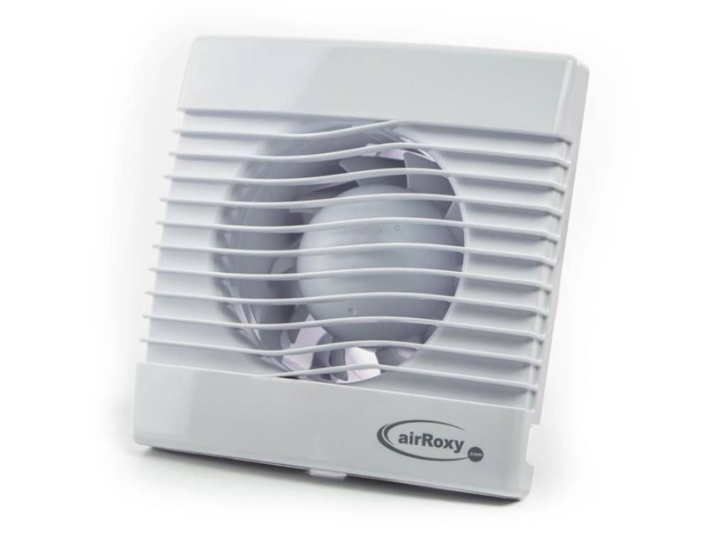 A white bathroom ventilation fan with a logo, against a white background.