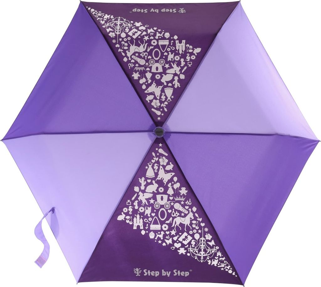An open umbrella viewed from above, showing its hexagonal panels and decorative patterns.