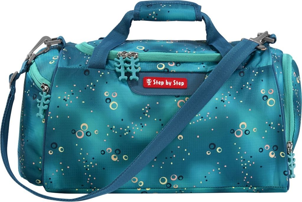 A teal duffel bag with a bubble-like pattern, shown against a white background.