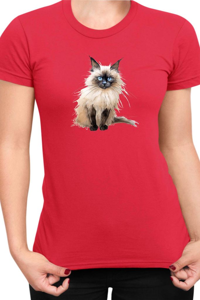 Damen T-Shirt Funny Cats Breeds Birman Cat 014, Lady 2XL / Rot