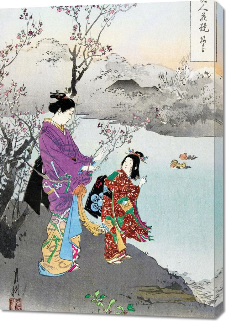 Bild 70x100cm Pflaumenblüte, Vintage Japanischer Gekko für das Wohnzimmer