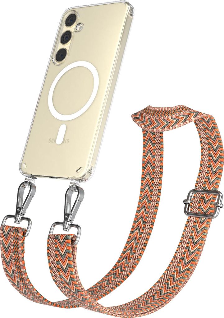 EAZY CASE - Handykette mit MagSafe Hülle für Samsung Galaxy S24 Plus, Handyband ZigZag Style,Karabiner Silber, Umhängeband in Orange