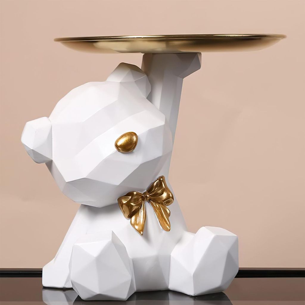 Dekofigur Bär mit Tablett – Niedliche weiße Bären-Skulptur aus Harz, Tierfigur als Ablage für Wohnzimmer, Flur, Büro oder Schreibtisch – G...