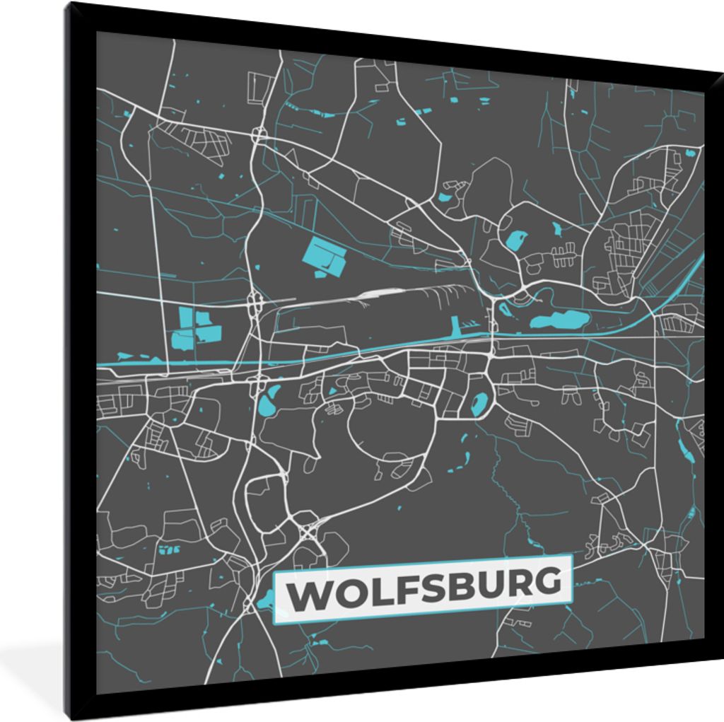 MuchoWow Gerahmtes Poster Blau - Deutschland - Karte - Stadtplan - Wolfsburg 40x40 cm - Poster mit Schwarzem Bilderrahmen Wandposter Rahmen Foto ...