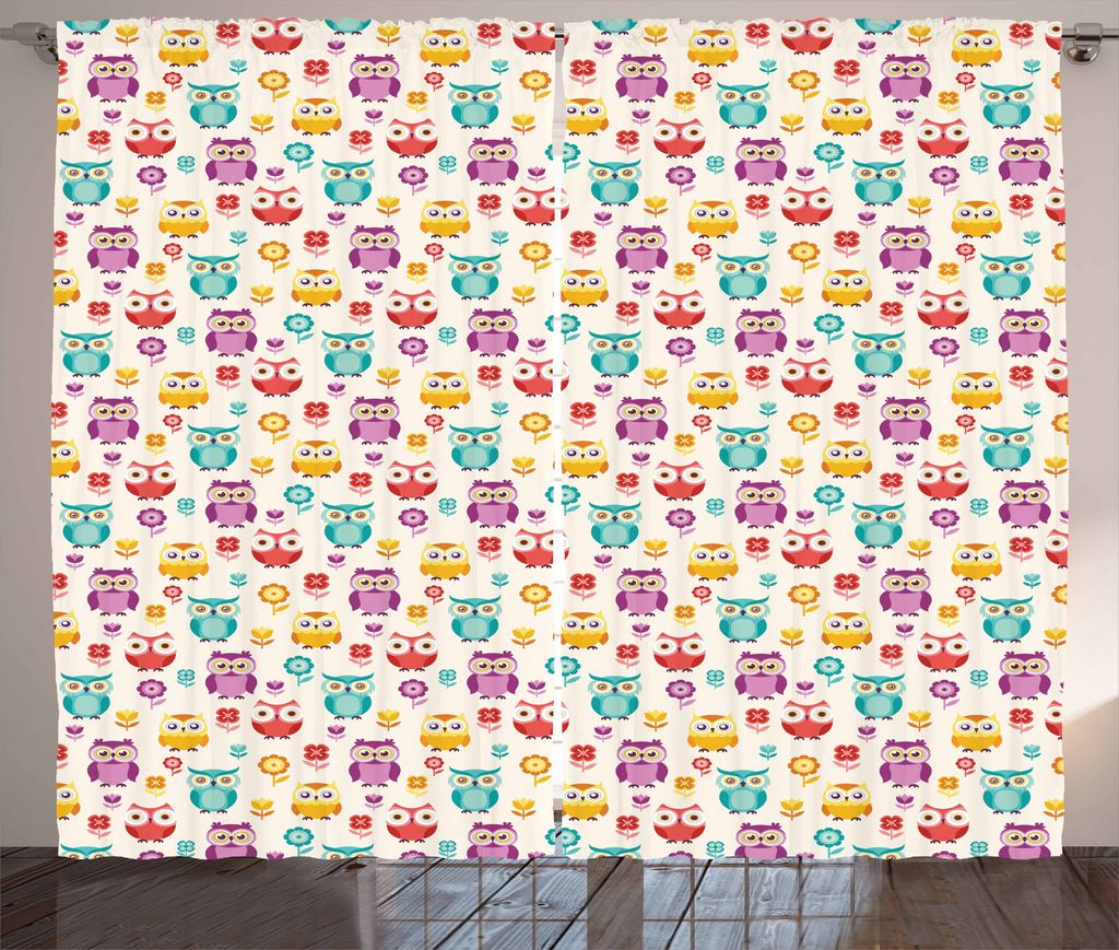 ABAKUHAUS Eulen Rustikaler Vorhang, Blumen Nostalgic Kinder, Wohnzimmer Universalband Gardinen mit Schlaufen und Haken, 280 x 175 cm, Mehrfarbig