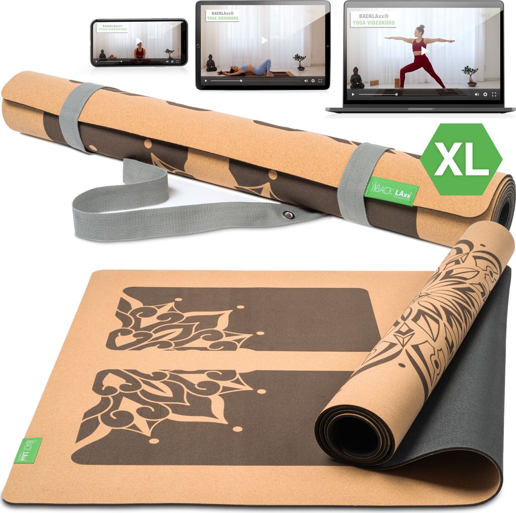 BACKLAxx Kork Yogamatte XL mit Naturkautschuk inkl. Mattengurt -Nachhaltige Sportmatte (Fitnessmatte) rutschfest schadstofffrei mit Anti-Rutsch-Z...