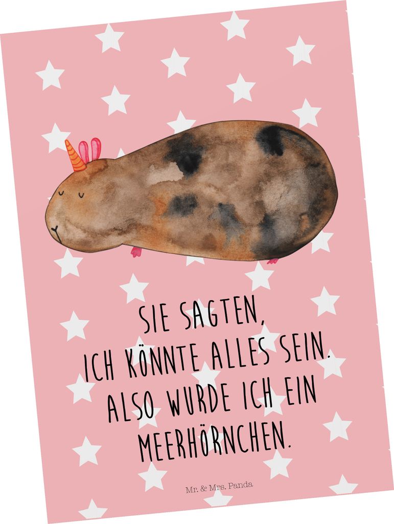 Mr. & Mrs. Panda Postkarte Einhorn Meerschweinchen - Rot Pastell - Geschenk, Postkarten, Unicorn, Grußkarte, Meerhörnchen, Meerschwein, Ansichtsk...