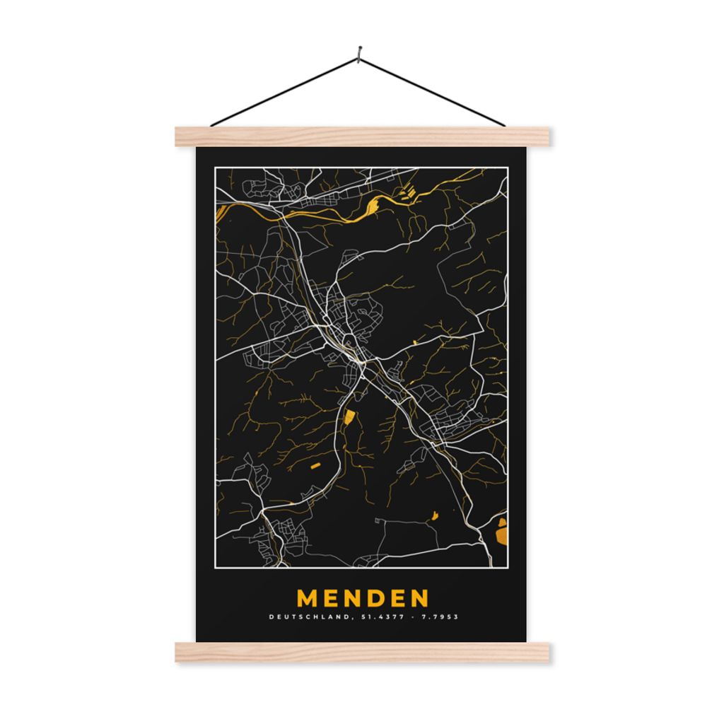MuchoWow Textilposter Stadtplan - Deutschland - Gold - Menden - Karte 120x180 cm mit holzfarbenen Rahmen - Textil-Plakat