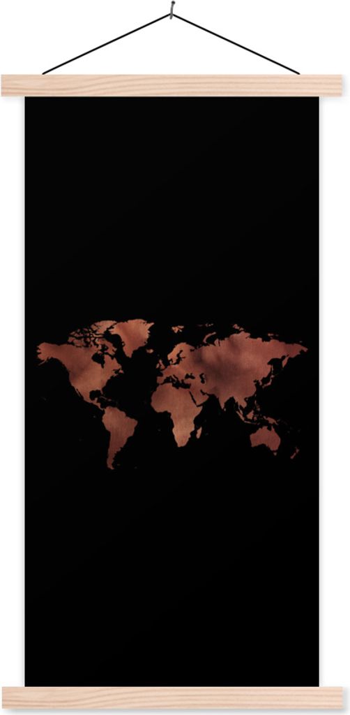 MuchoWow Textilposter Weltkarte - Leder - Schwarz 40x80 cm mit holzfarbenen Rahmen - Wohnzimmer
