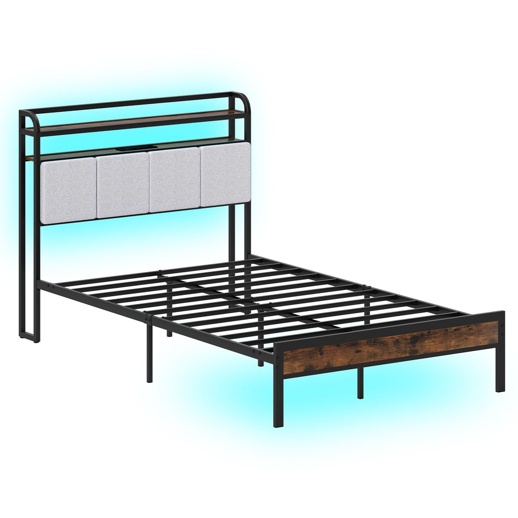 A bed frame with a headboard and LED lighting.
