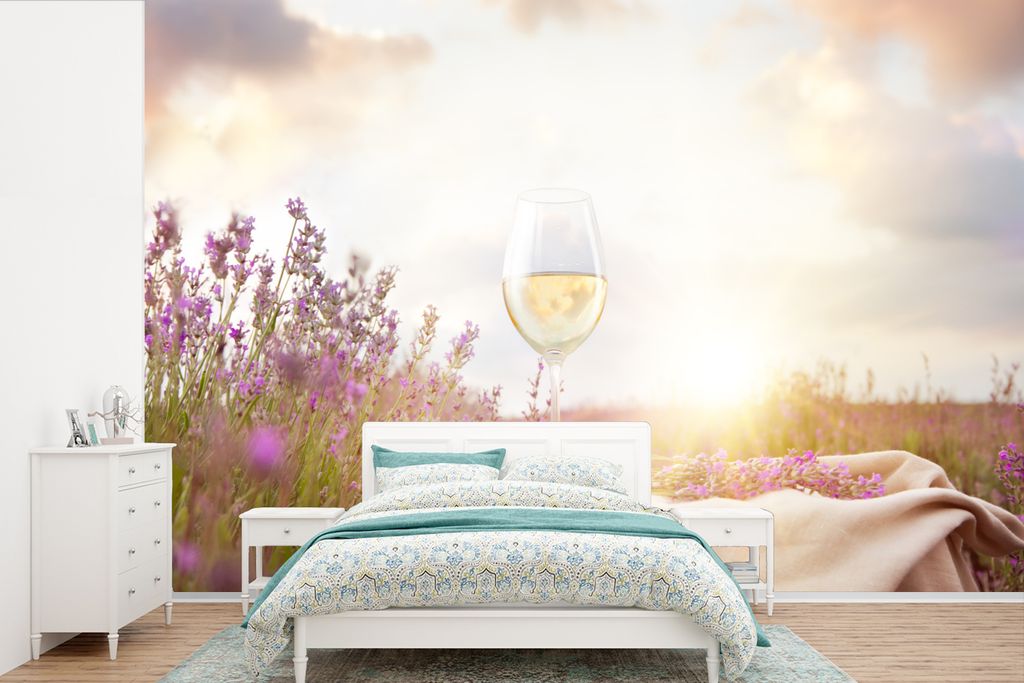 MuchoWow Fototapete für Wohnzimmer oder Schlafzimmer Wandtapete Vinyl Motivtapete Lavendel - Wein - Frühling - 450x300 cm - Gemusterte