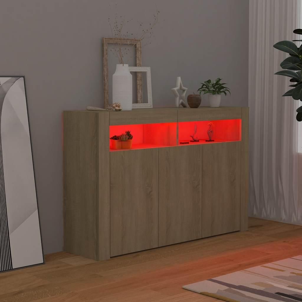 A wooden sideboard with red LED lighting in a room.