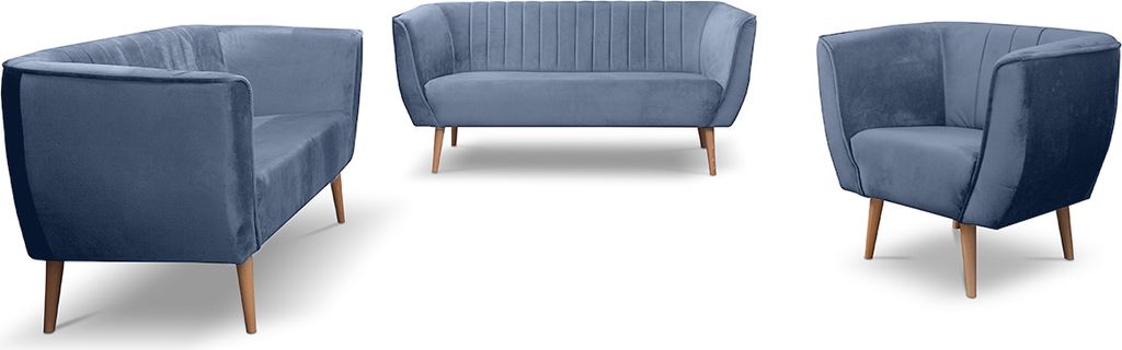 BETTSO PIK - Polstermöbelset 3+2+1 mit Nähten im skandinavischen Stil PIK MON70 Blau Marineblau Hellblau